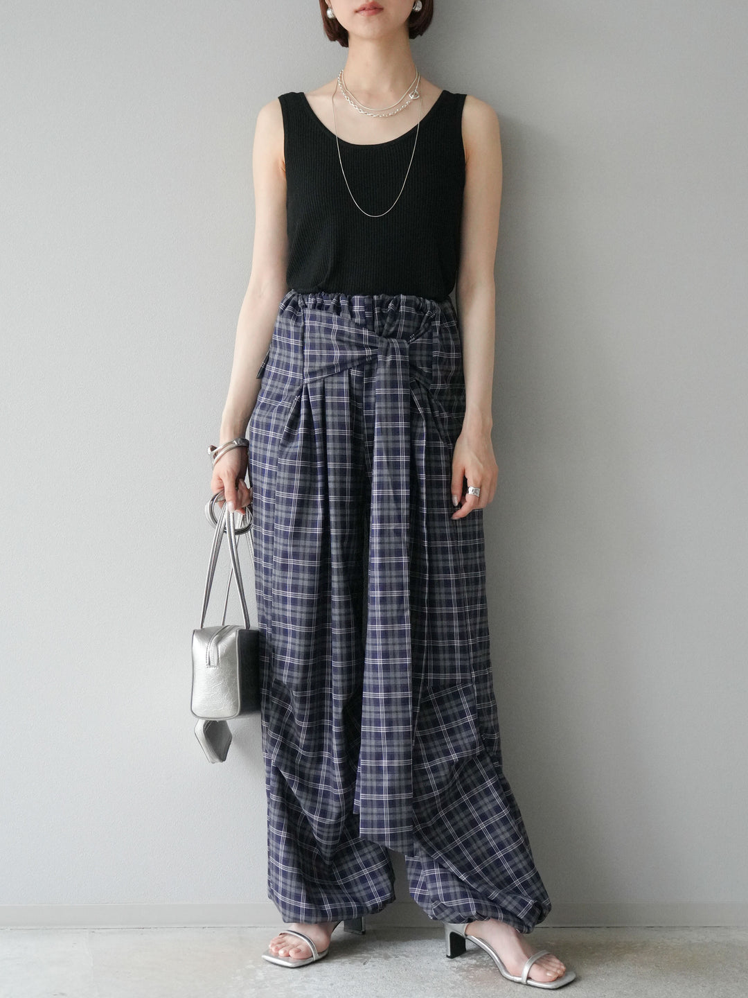 [予約]チェック柄ウエスト巻きドロストパンツ/ネイビー