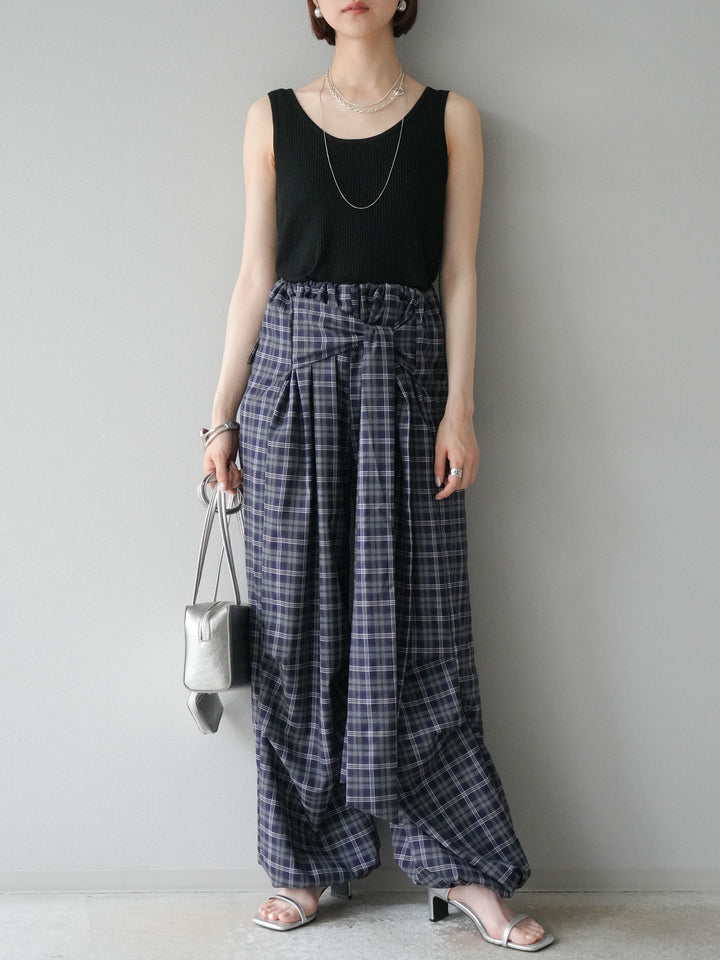 [予約]チェック柄ウエスト巻きドロストパンツ/ネイビー