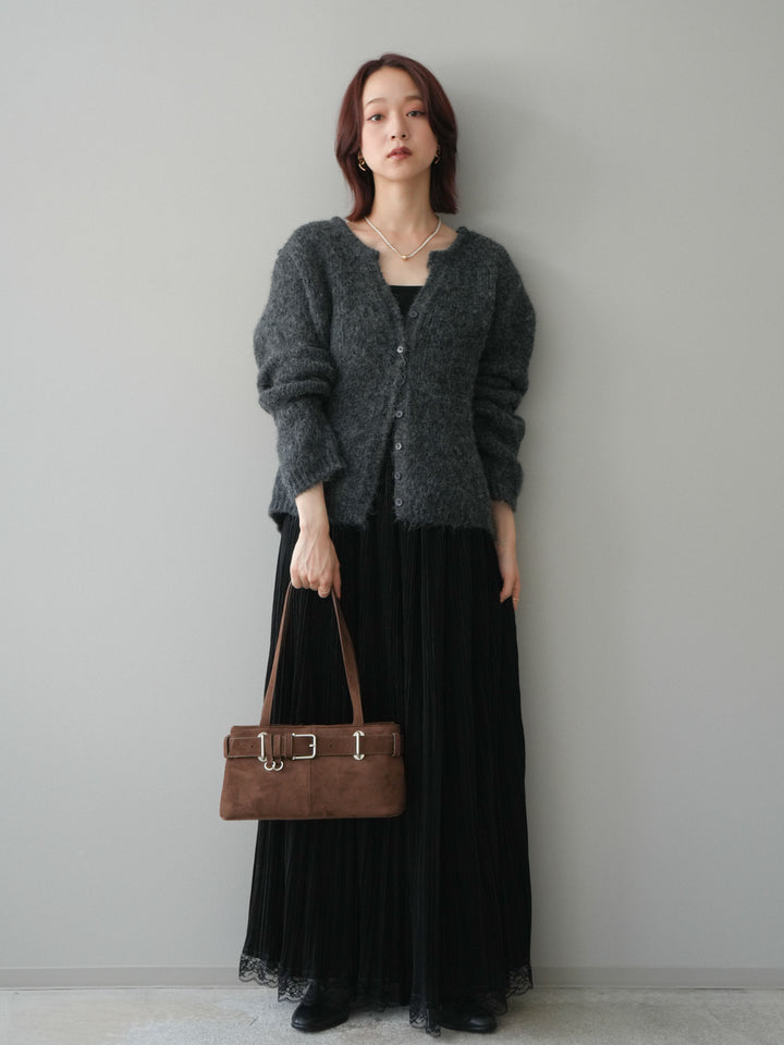 [予約]キーネックシャギーニットカーディガン/gray