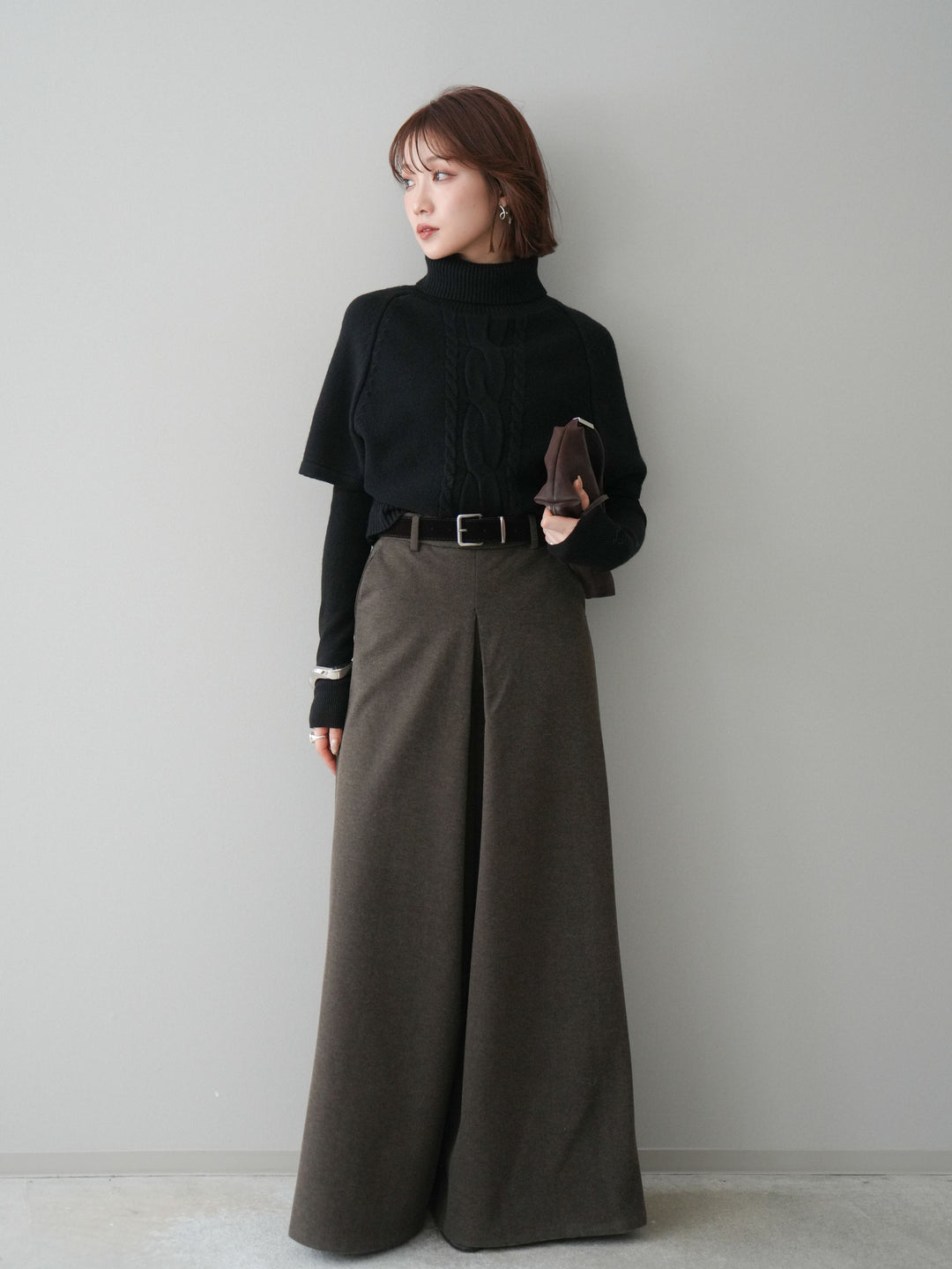 [予約]ベルト付きフロントタックワイドパンツ/brown