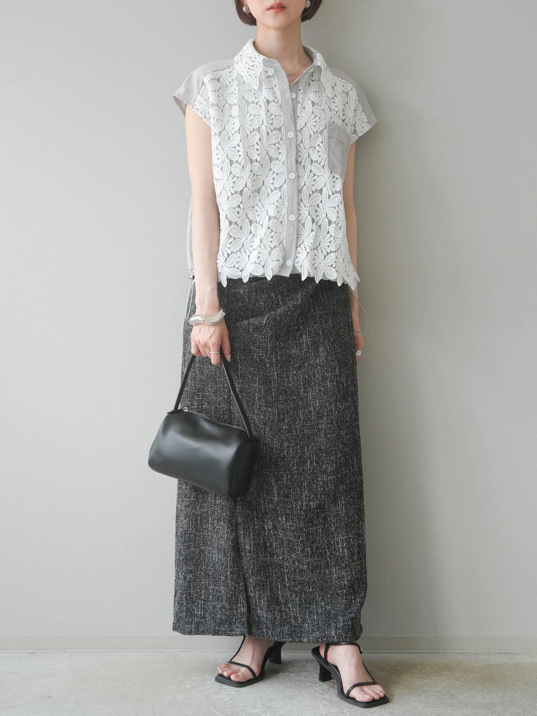 [予約]サマーツイードタックサイドスリットスカート/ブラックホワイト