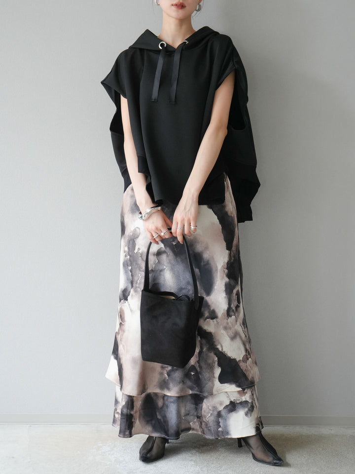 [SET]アシンメトリードルマンバックZIPフーディー+ニュアンスサテンフリルスカート(2set)