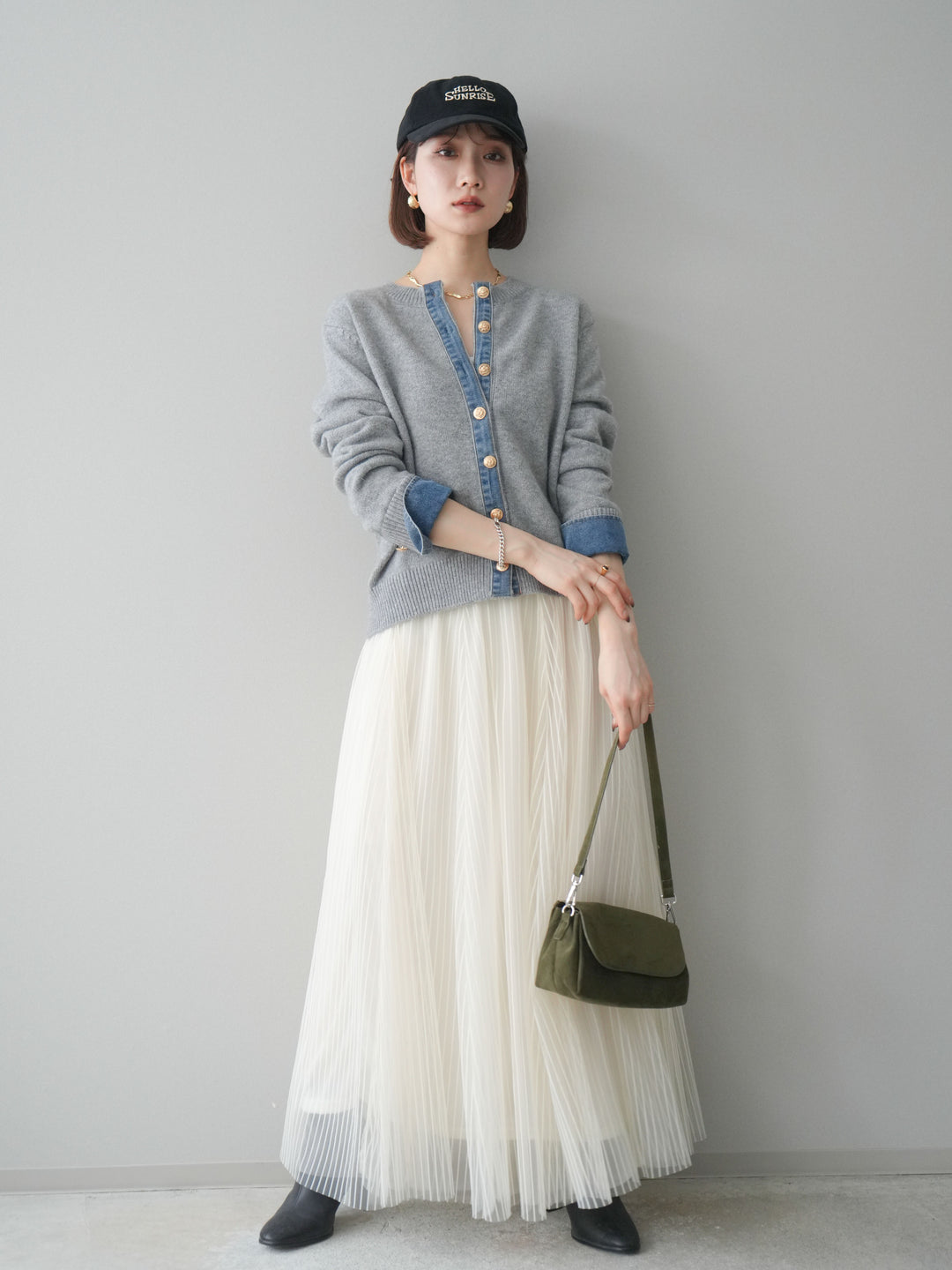 [SET]クルーネックデニムドッキングニットカーディガン+選べるアクセセット(2set)