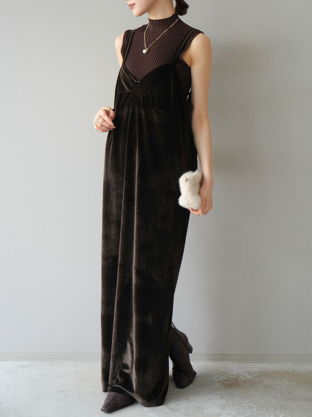 [予約]ベロアビスチェキャミワンピース/ブラウン