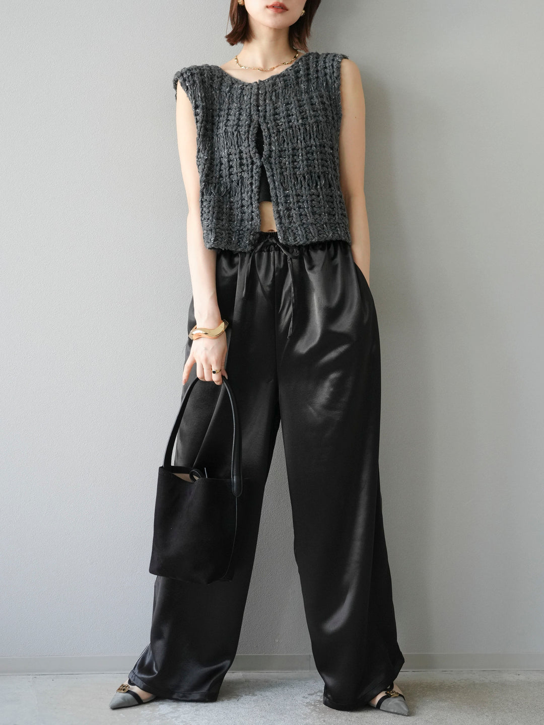 [予約]サテンラインワイドパンツ/ブラック