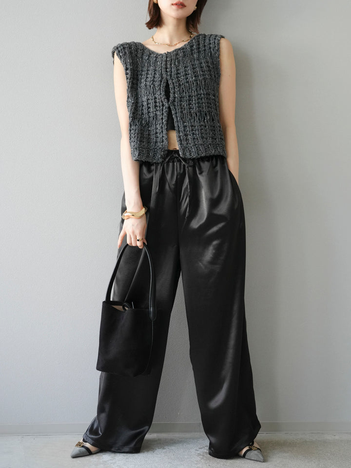 [予約]サテンラインワイドパンツ/ブラック