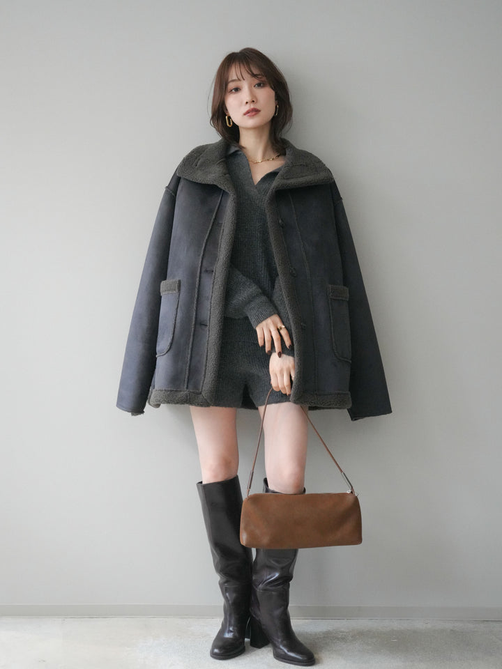 [SET]ポロニットプルオーバー＆ショートパンツSET UP+スタンドネックフェイクムートンミディアムコート(2set)