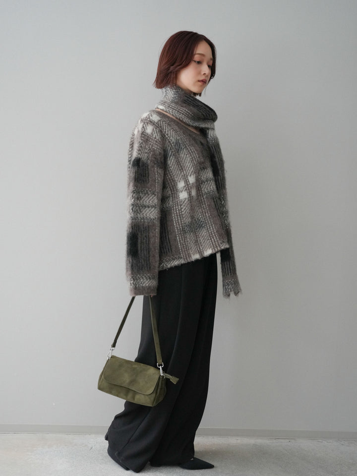 [予約]ストール付シャギーチェックニットプルオーバー/brown