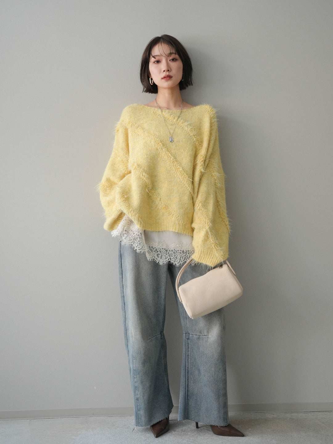 [予約]裏起毛カットオフカーブデニムパンツ/blue