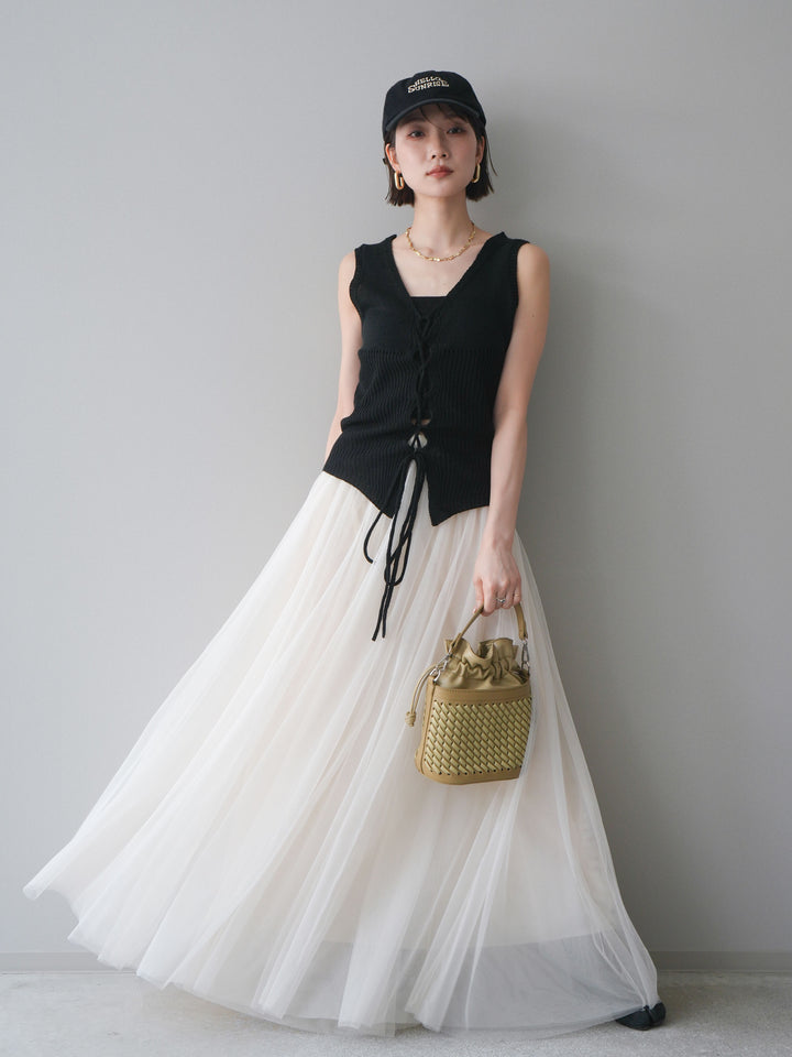 [予約]レースアップリブニットタンクトップ/black