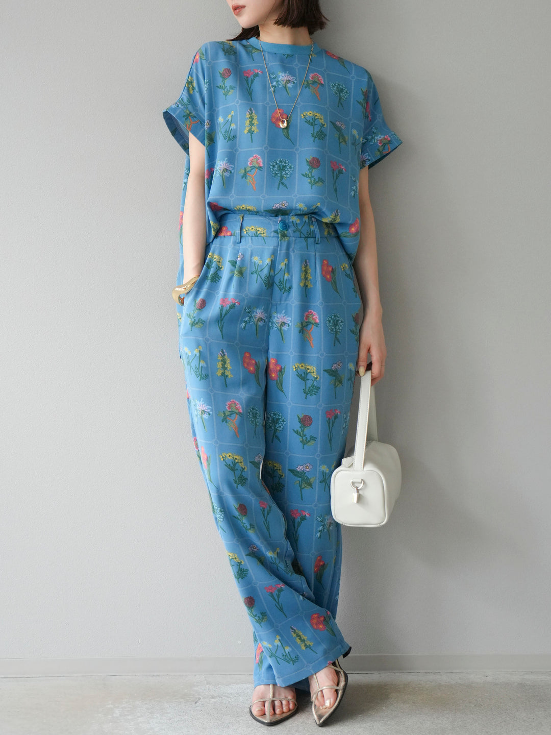 [予約]パッチワークフラワープリントイージーパンツ/ブルー