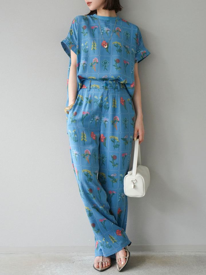 [予約]パッチワークフラワープリントイージーパンツ/ブルー