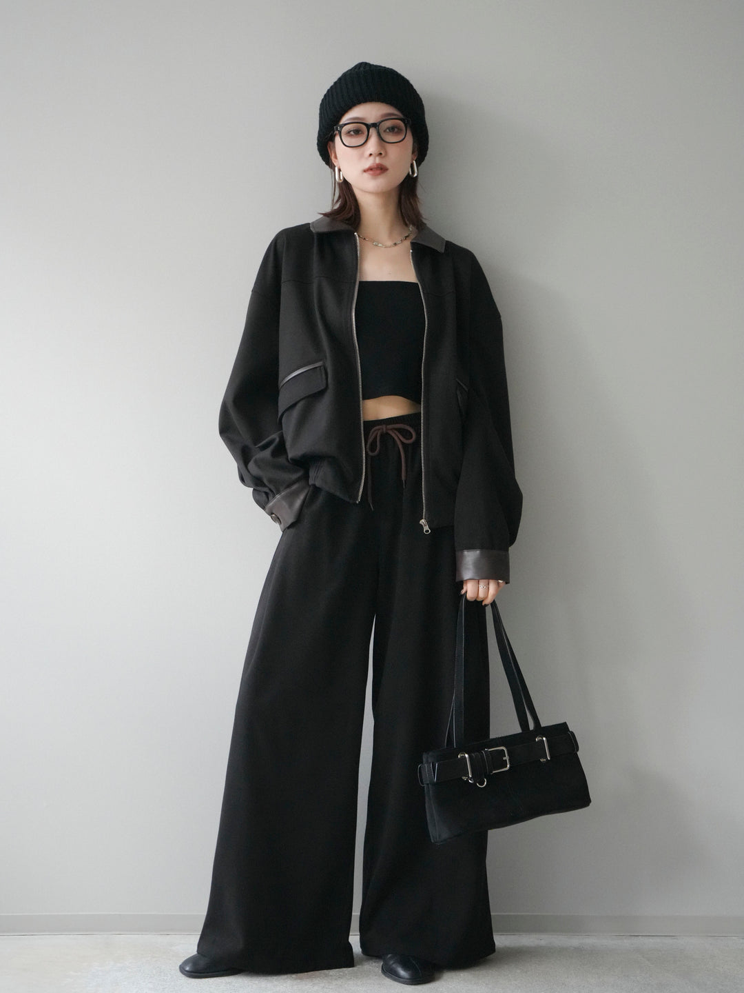 [予約]レザー襟配色パイピングブルゾン/black