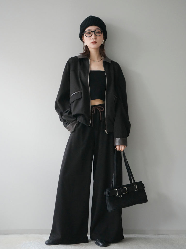 [予約]レザー襟配色パイピングブルゾン/black