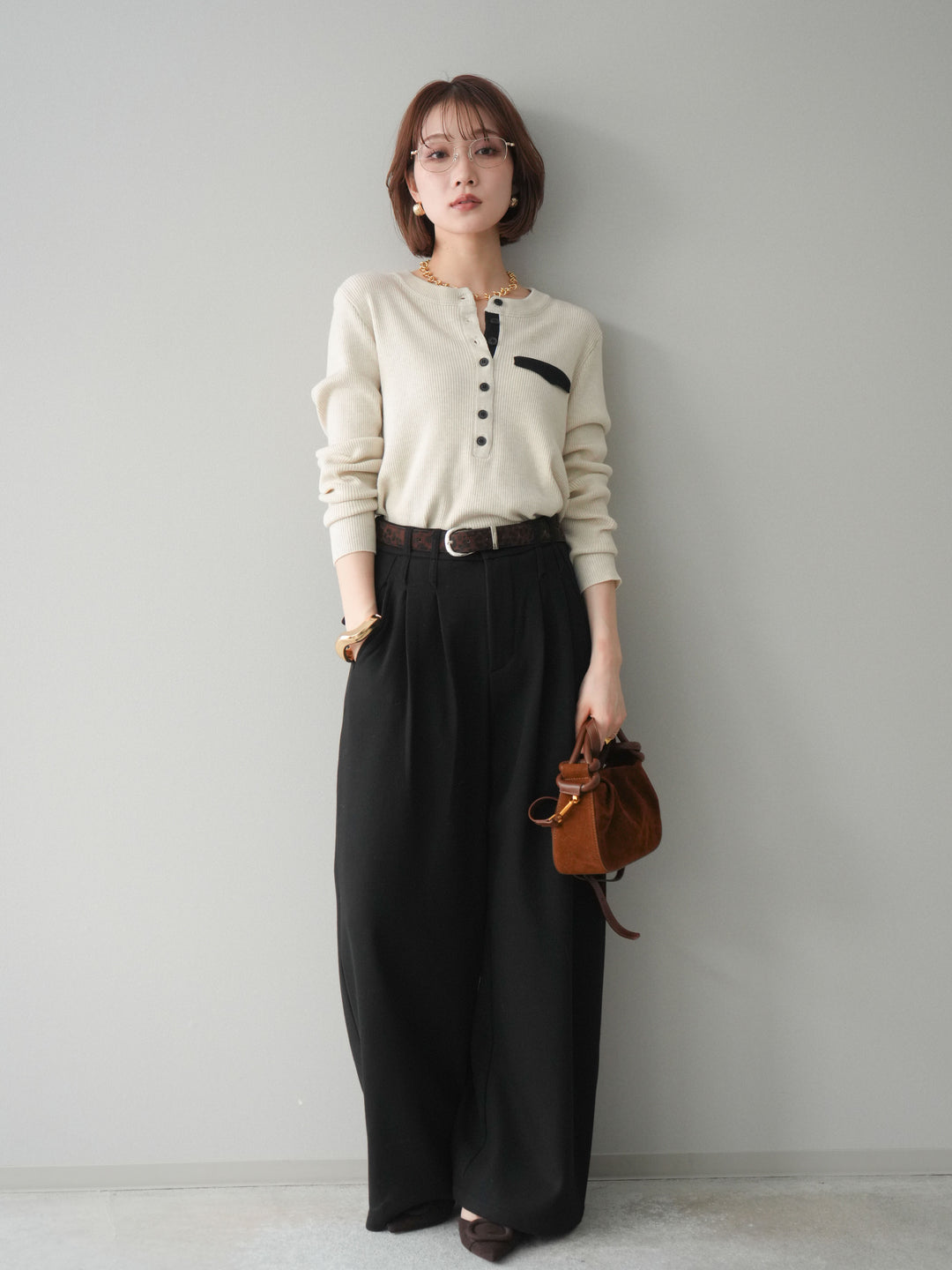 [SET]バイカラーデザインポケット配色ヘンリーネックニットソー+アニマル柄ベルト付きウールタッチワイドパンツ(2set)