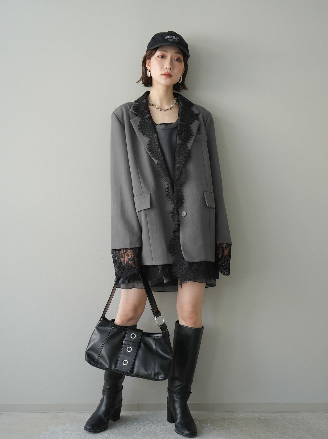 [予約]チュールドッキング裾プリーツミニワンピース/charcoal