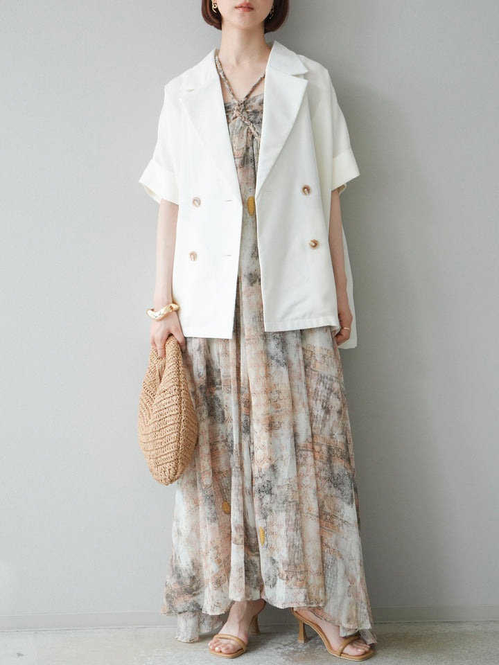 [予約]編み込みショルダーニュアンス柄シフォンワンピース/ベージュ