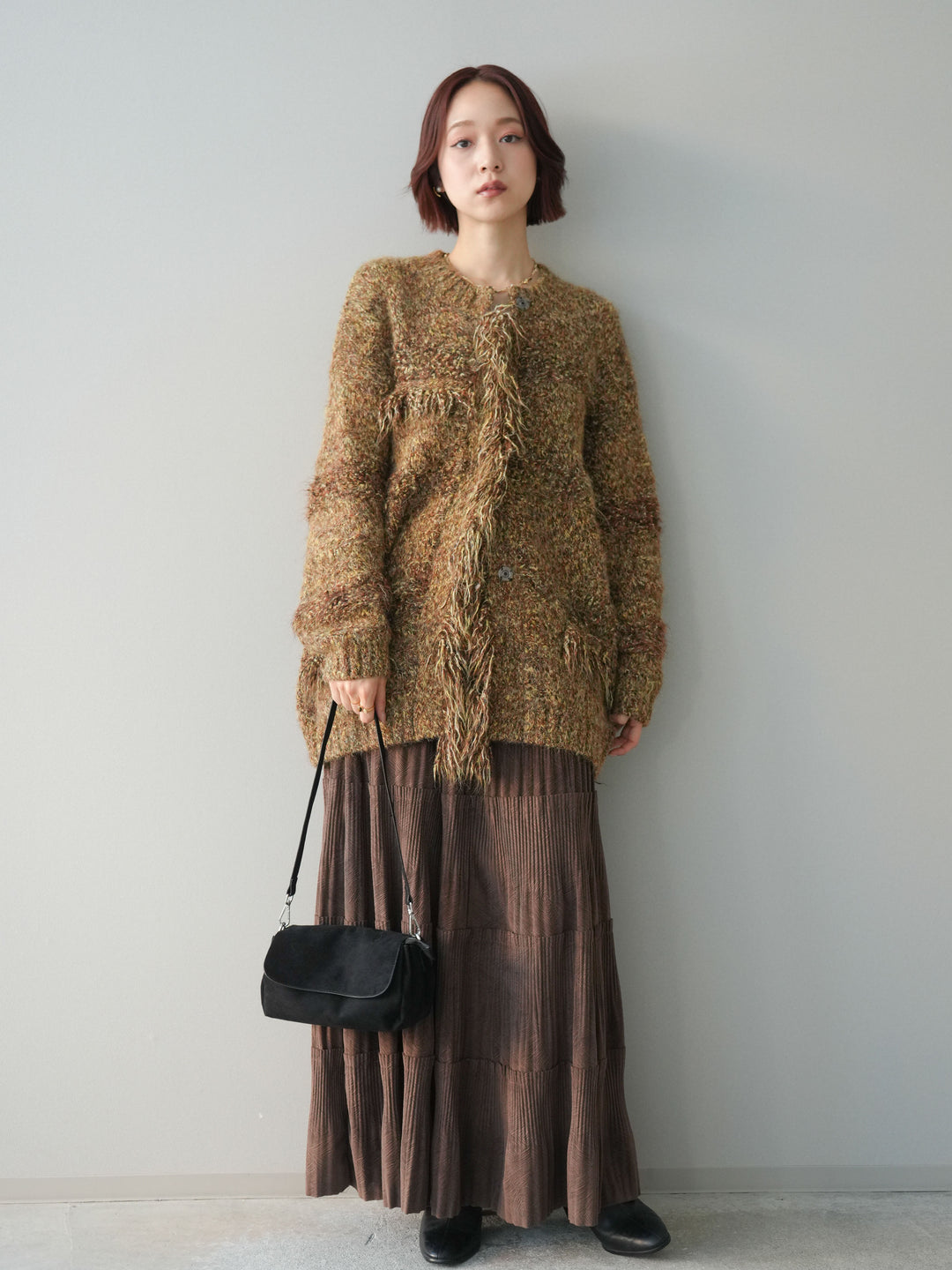 [予約]型押しスエードティアードプリーツスカート/brown