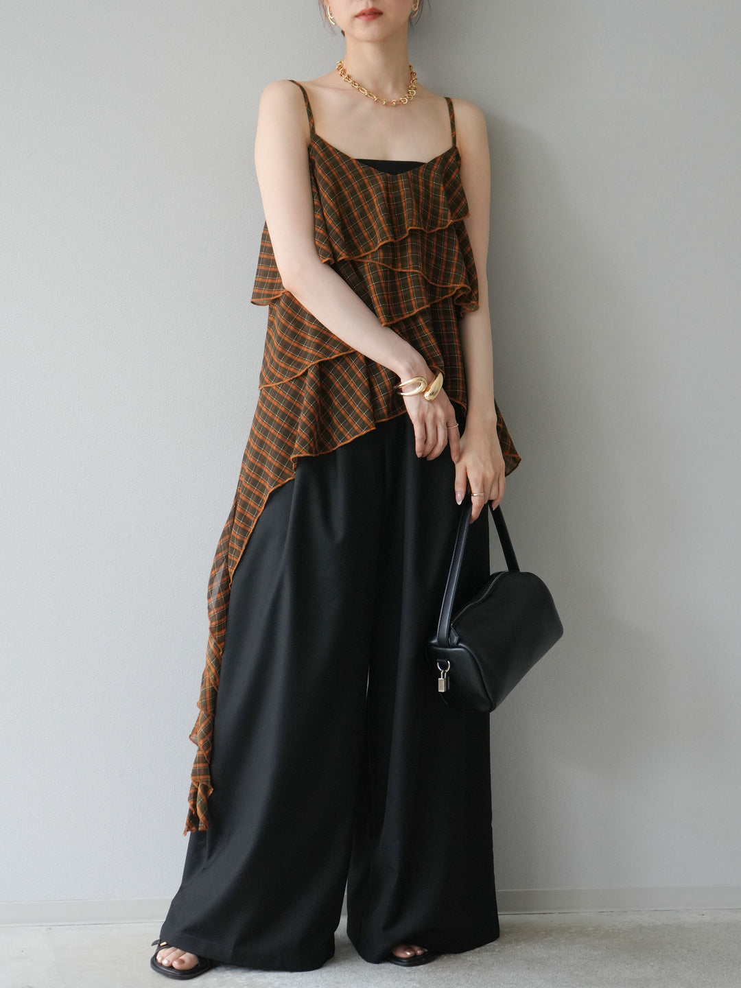 [予約]ウエスト折り返しロゴタックワイドパンツ/ブラック