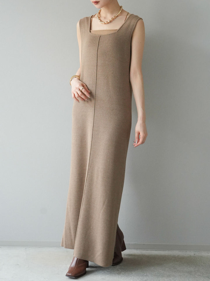 [予約]スクエアネックニットワンピース/ベージュ