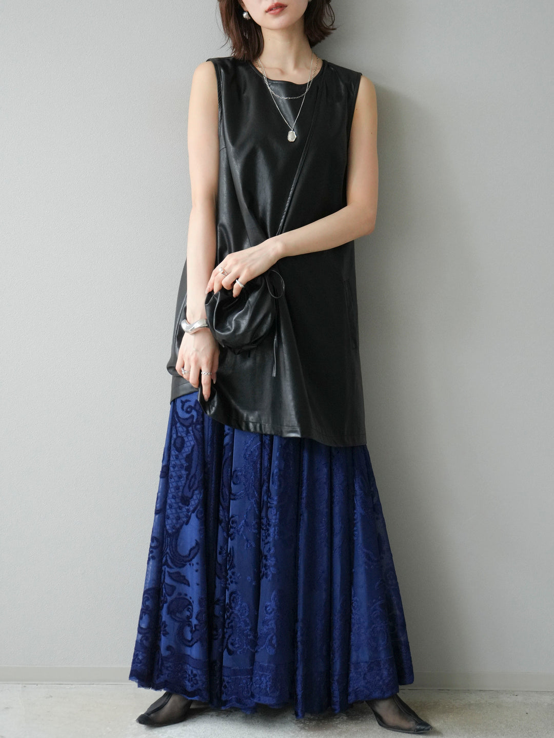 [予約]アンティーク柄フロッキーマキシスカート/ブルー
