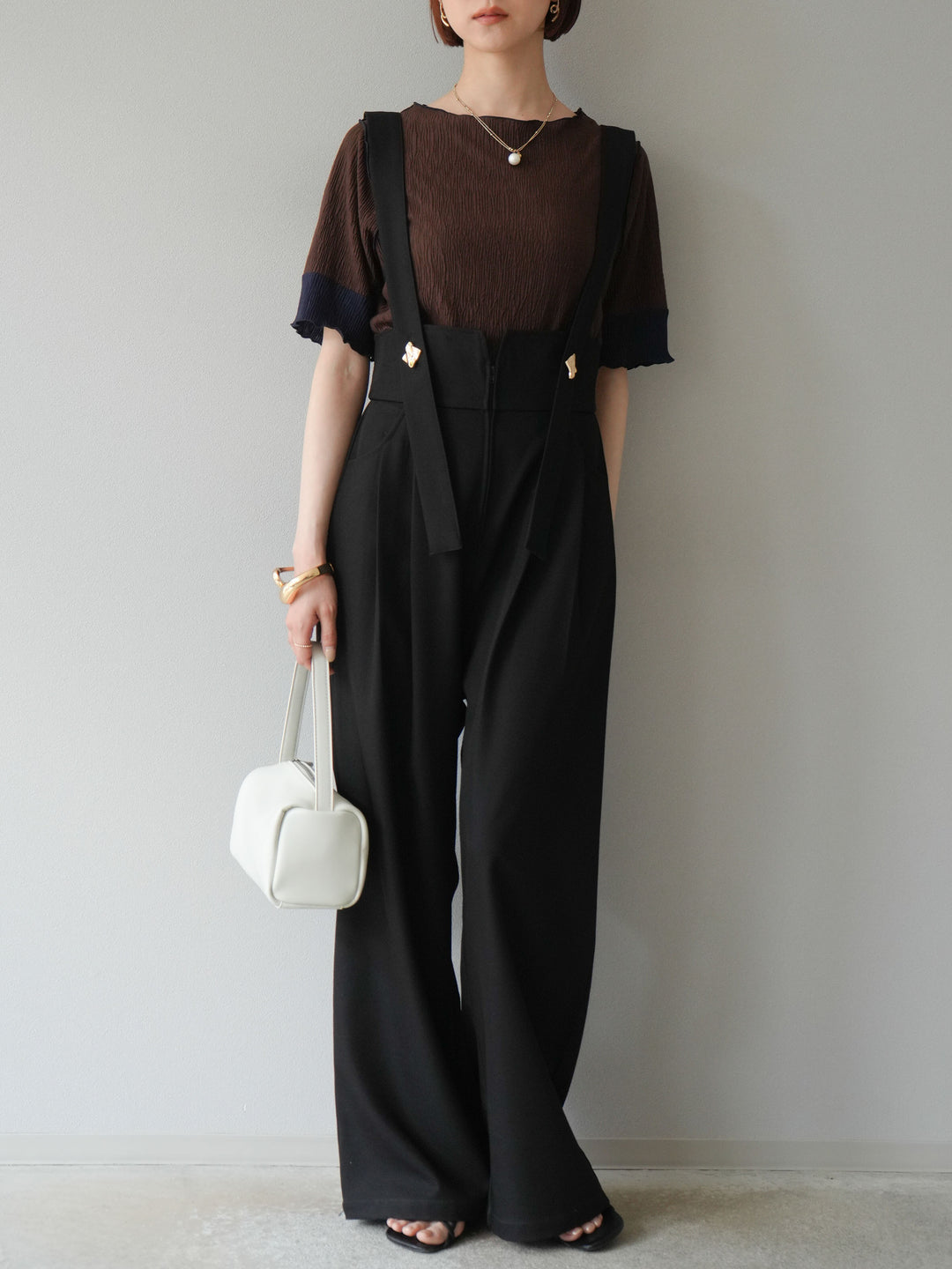 [SET]プリーツ配色ボートネックプルオーバー+ゴールドボタンサスペンダーワイドパンツ(2set)