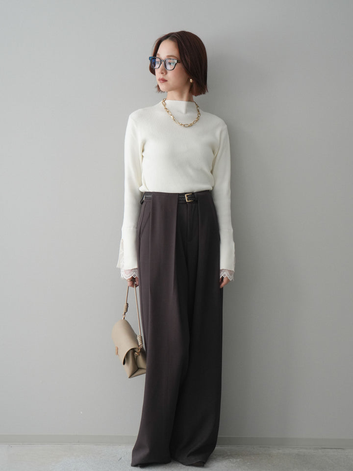 [SET]袖スカラップレースオフネックニットトップス+ベルトループデザインワイドパンツ(2set)