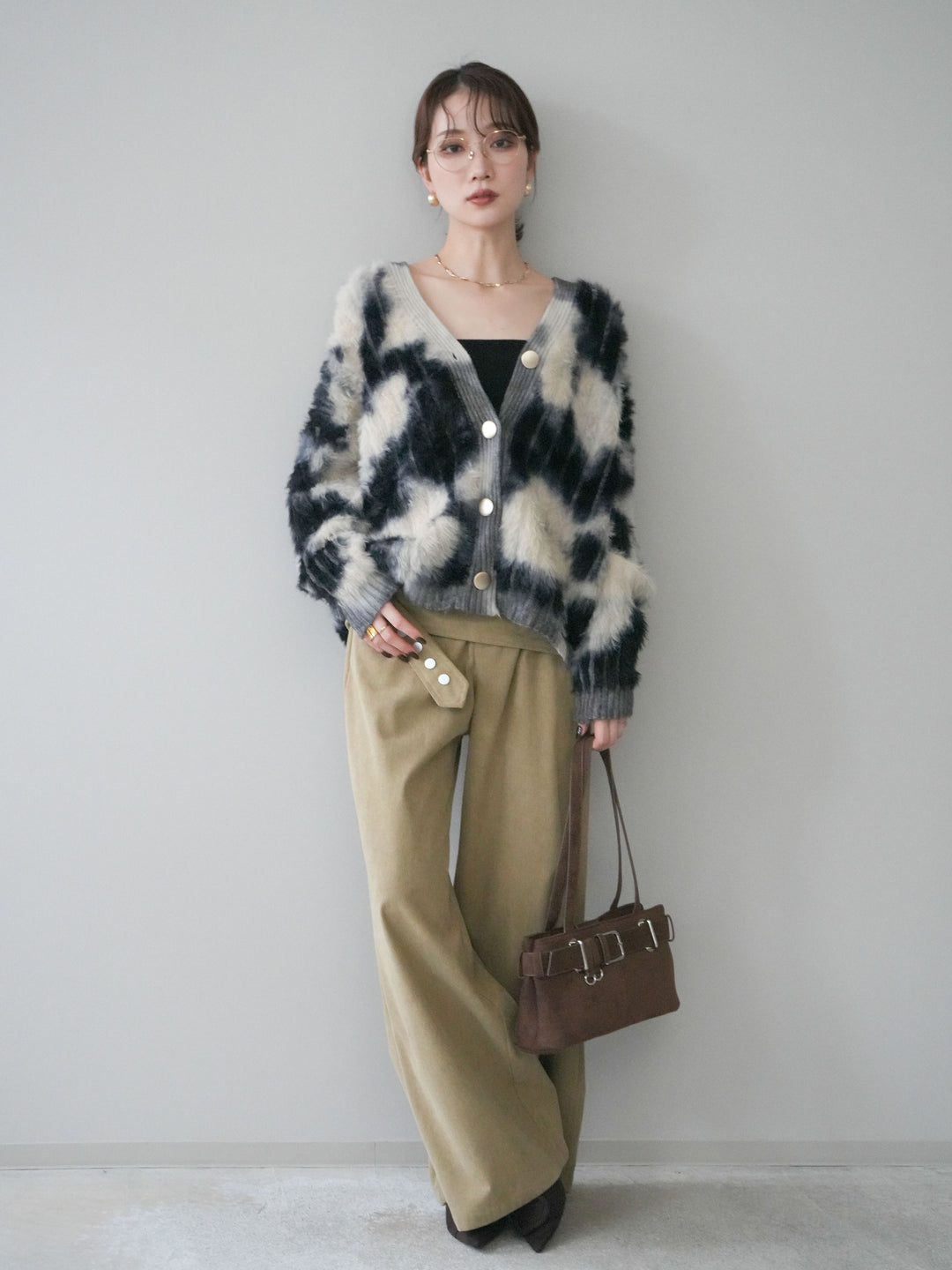 [予約]ニュアンス柄シャギーニットカーディガン/khaki