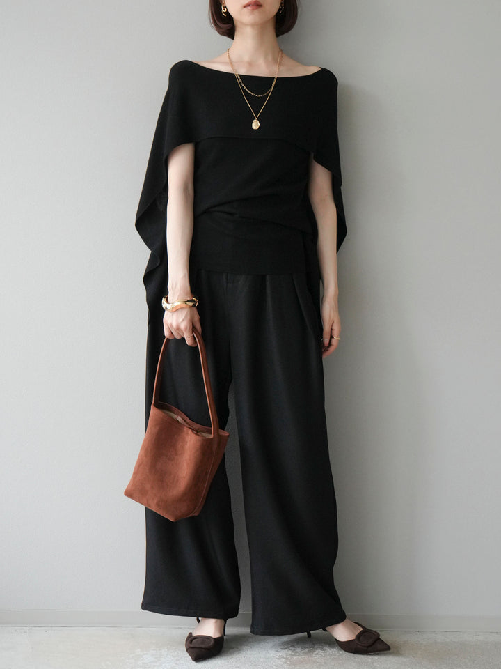[予約]レザーパイピングタックワイドパンツ/ブラック
