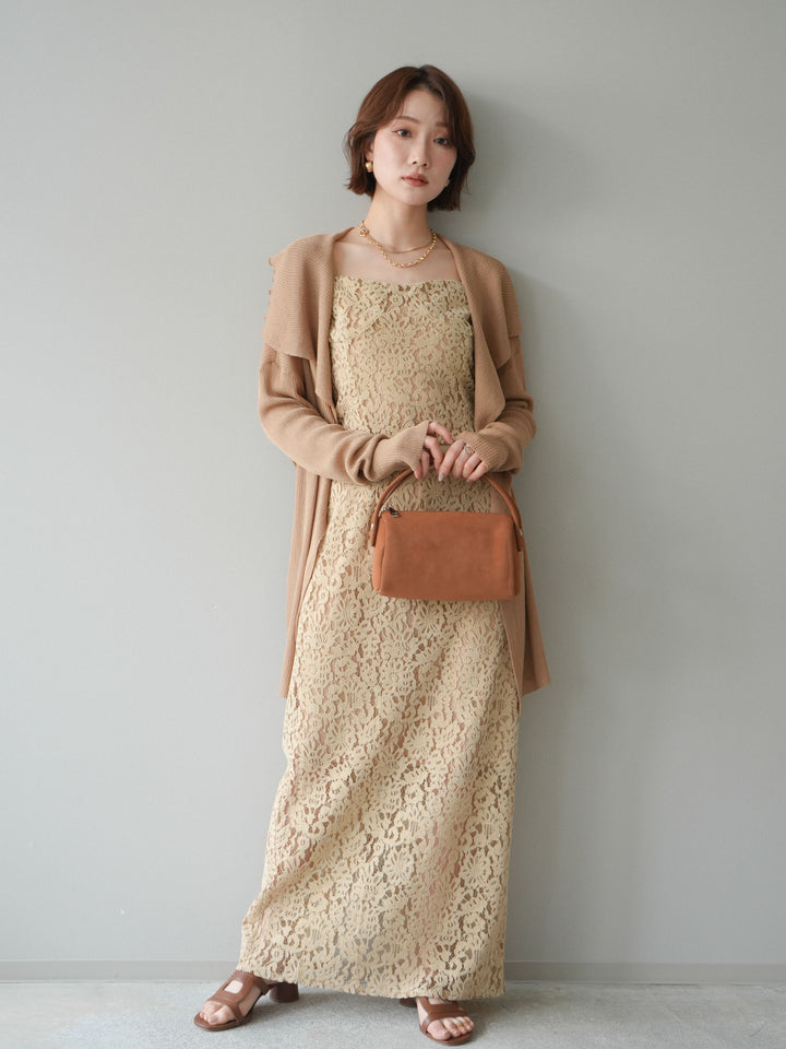[SET]ドレープリブニットガウン+フルレースキャミ＆IラインスカートSET UP(2set)