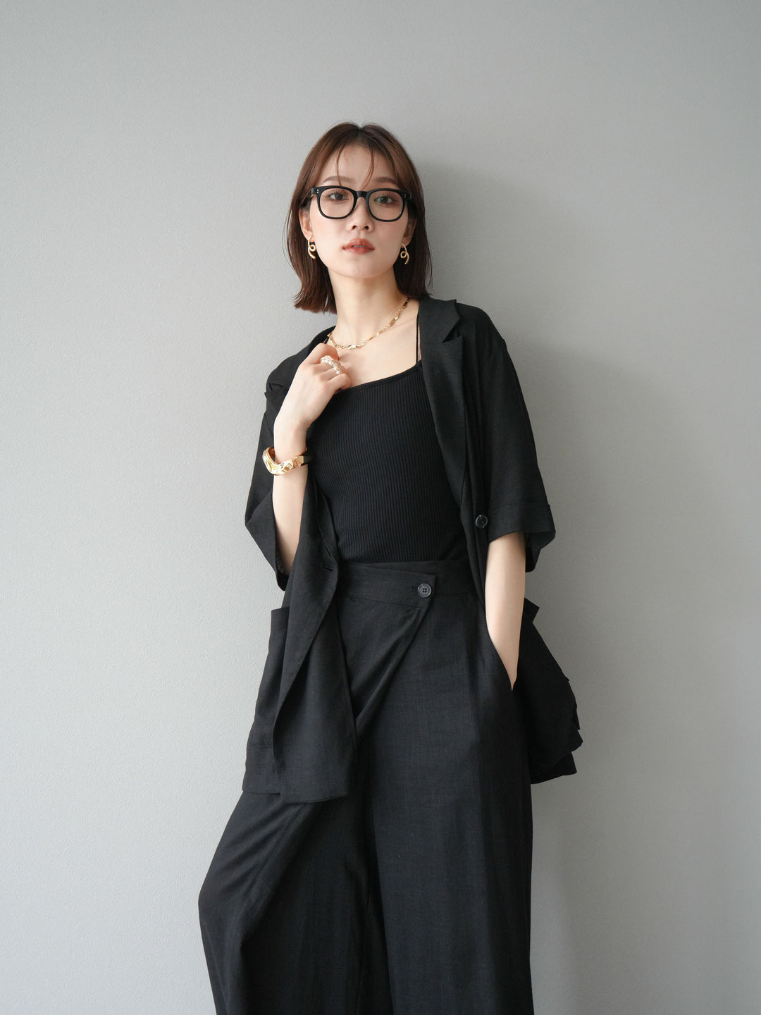 【預購】輕亞麻半袖外套/黑色