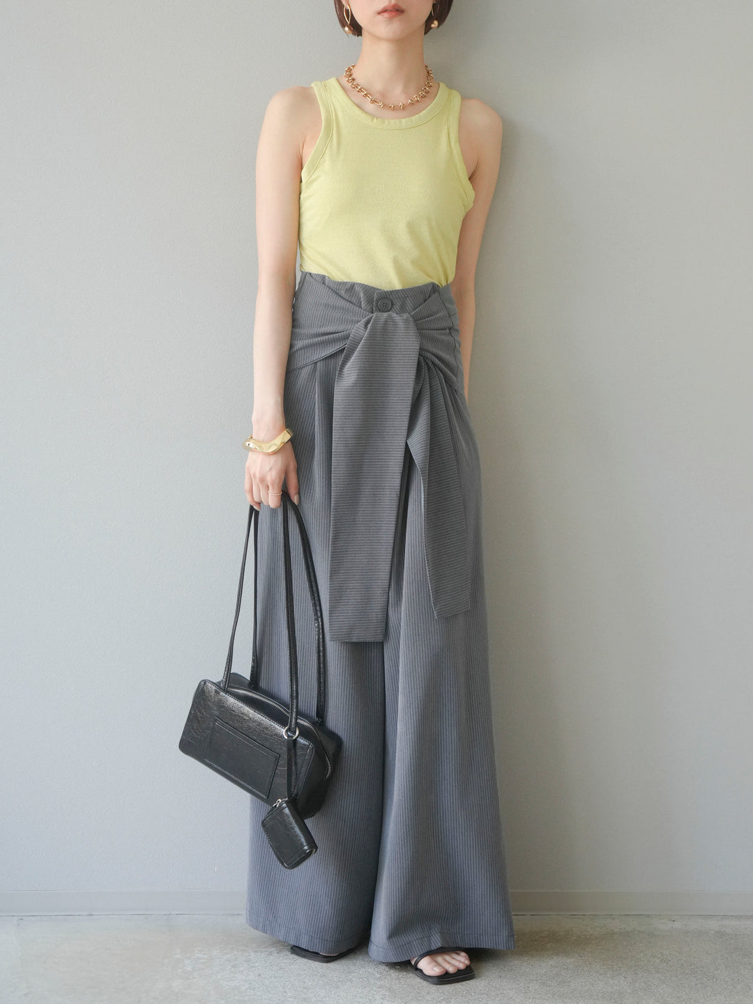 【預購】條紋裹腰寬褲/灰色