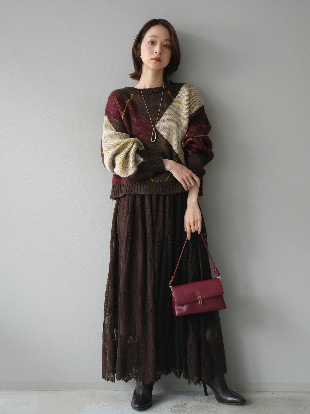 [SET]配色ステッチアーガイル柄ニットプルオーバー+ヴィンテージライクメッシュレーススカート(2set)
