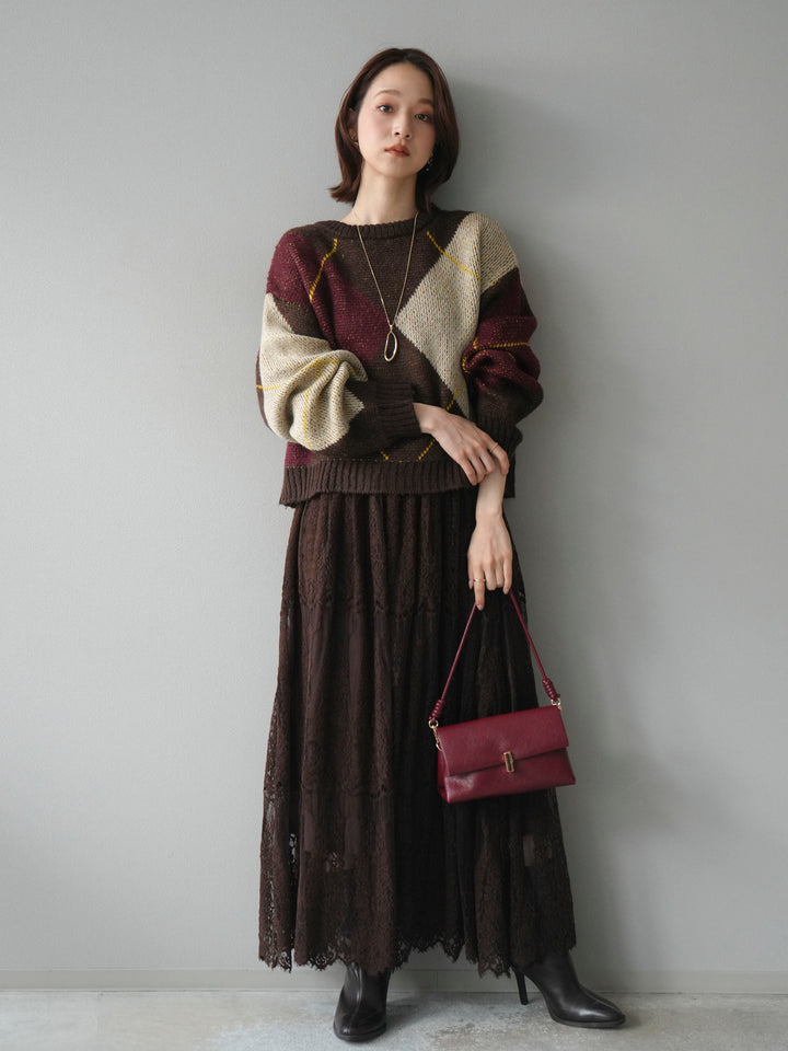 [SET]配色ステッチアーガイル柄ニットプルオーバー+ヴィンテージライクメッシュレーススカート(2set)
