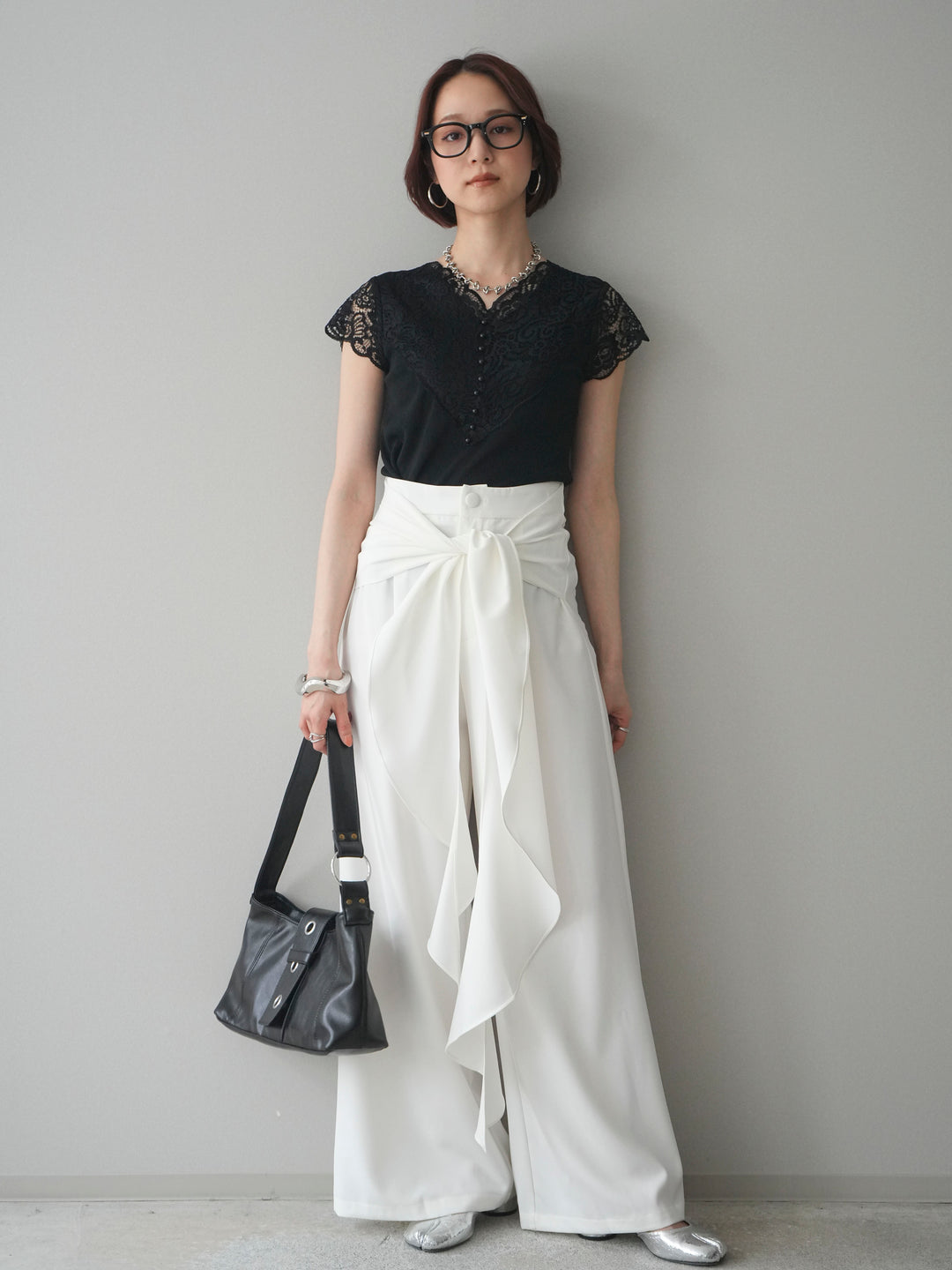 [予約]パールボタンレース切替ニットトップス/black