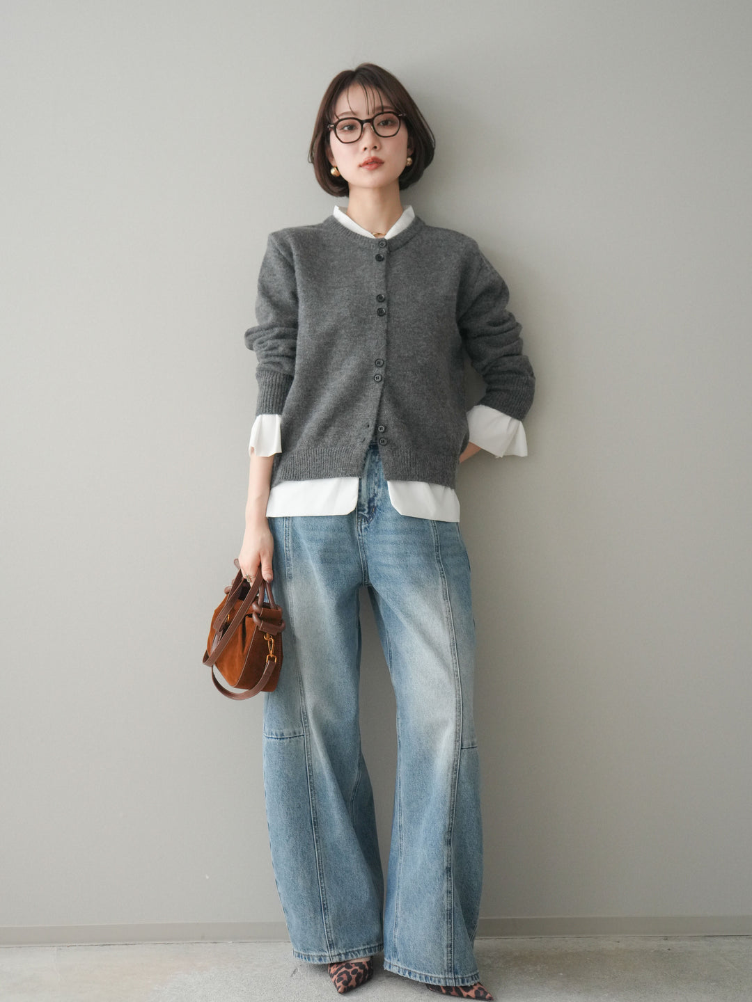 [SET]布帛ドッキングニットカーディガン+ガーメントウォッシュカーブデニムパンツ(2set)