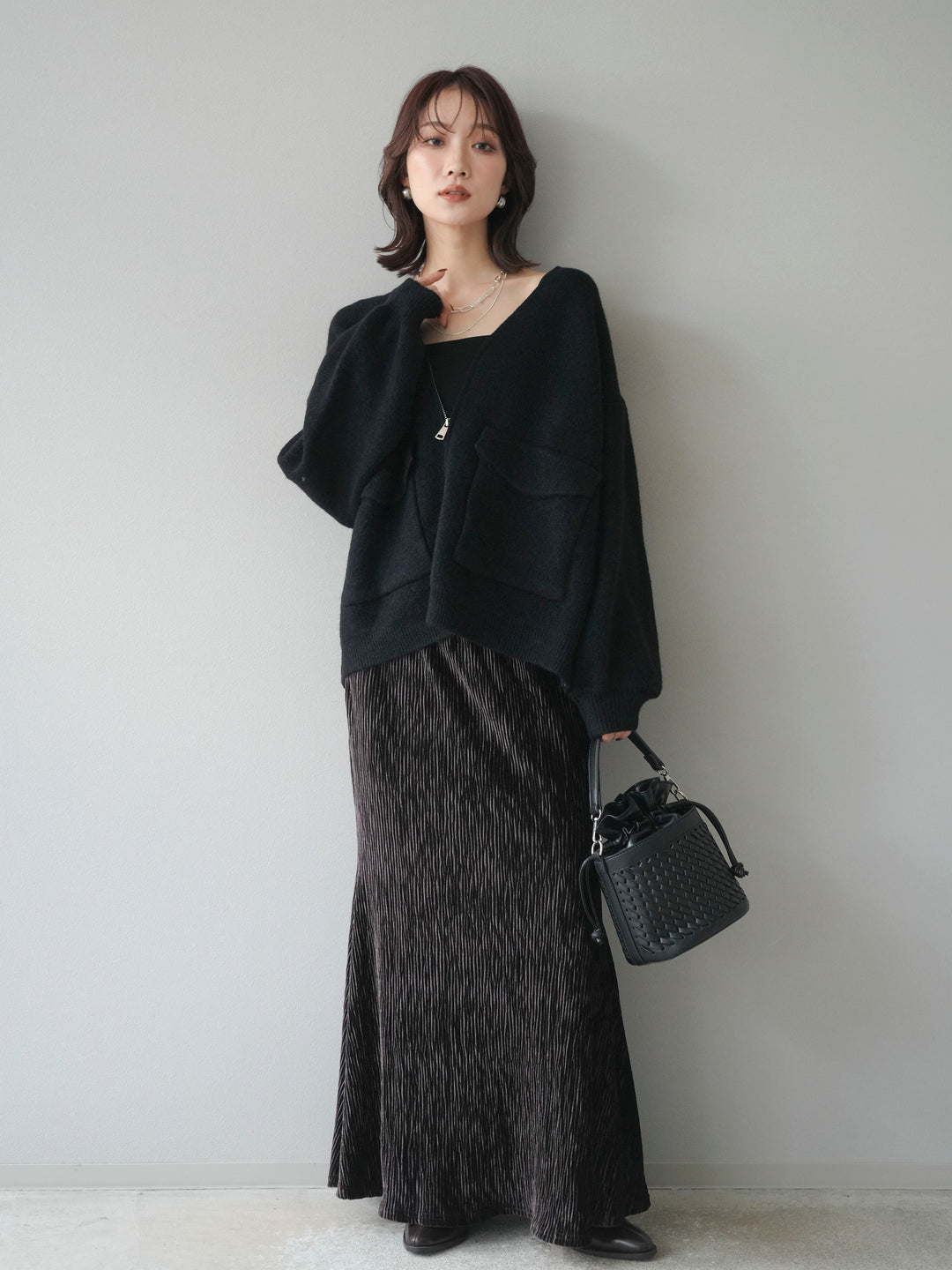 [予約]BIGポケットジップニットカーディガン/black