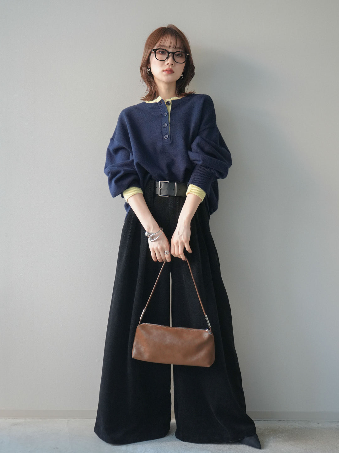 [予約]ヘンリーネック配色レイヤードニットプルオーバー/navy