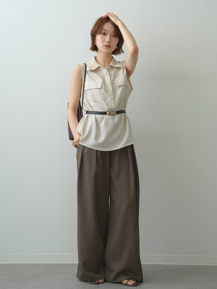 [予約]ベルト付レースカラーWポケットノースリシャツ/beige