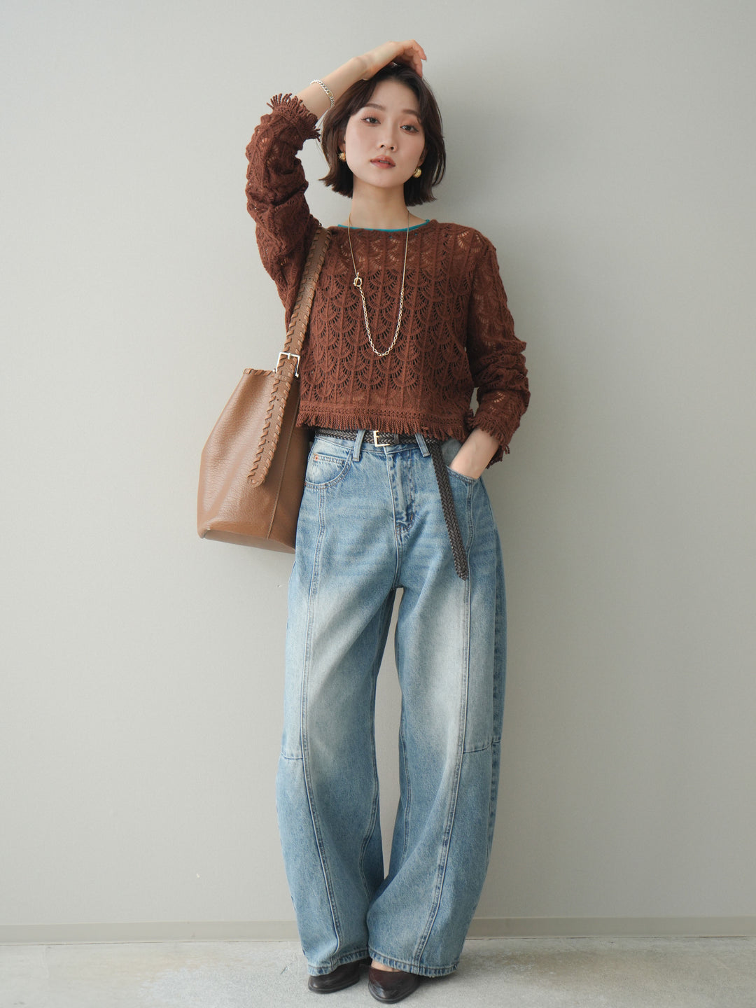 [予約]扇透かし編みクロップドニットプルオーバー/brown