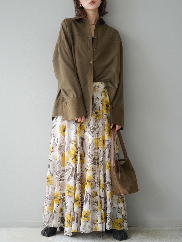 [予約]フラワープリントボリュームフレアスカート/イエロー