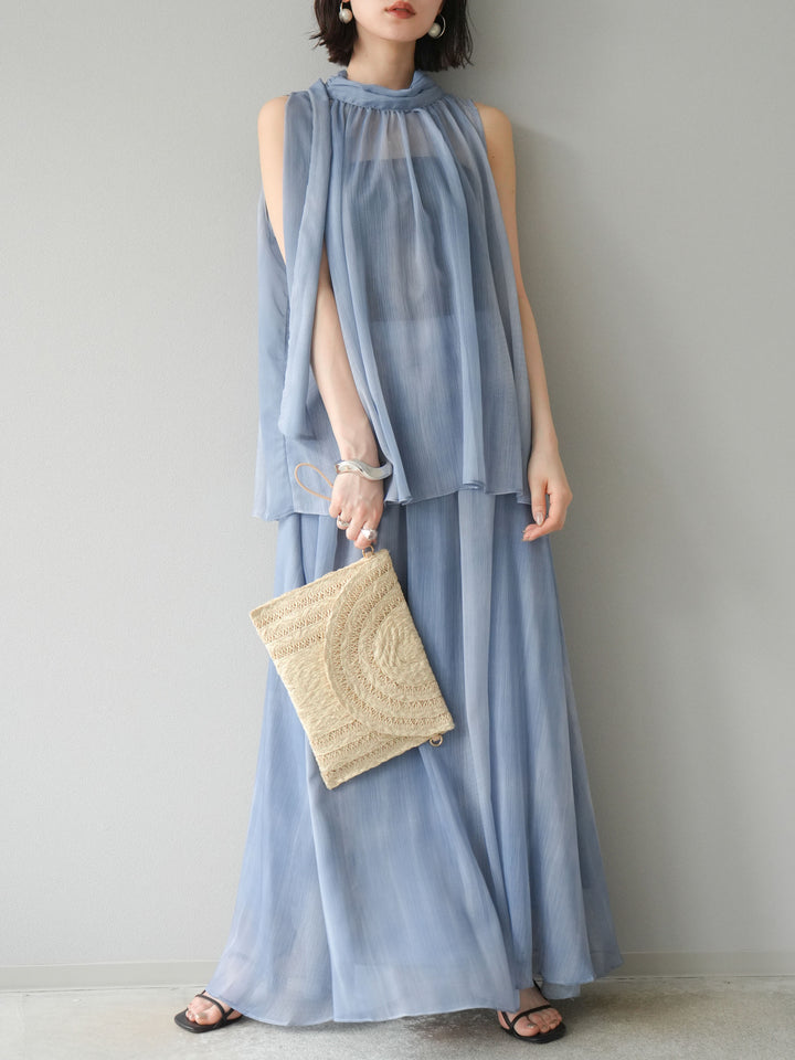 [SET]ニュアンスシアーホルターネックブラウス+ニュアンスシアーフレアスカート(2set)