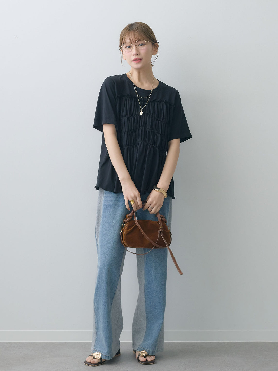 [SET]クールタッチシャーリングTEE+デニム切替スウェットパンツ(2set)