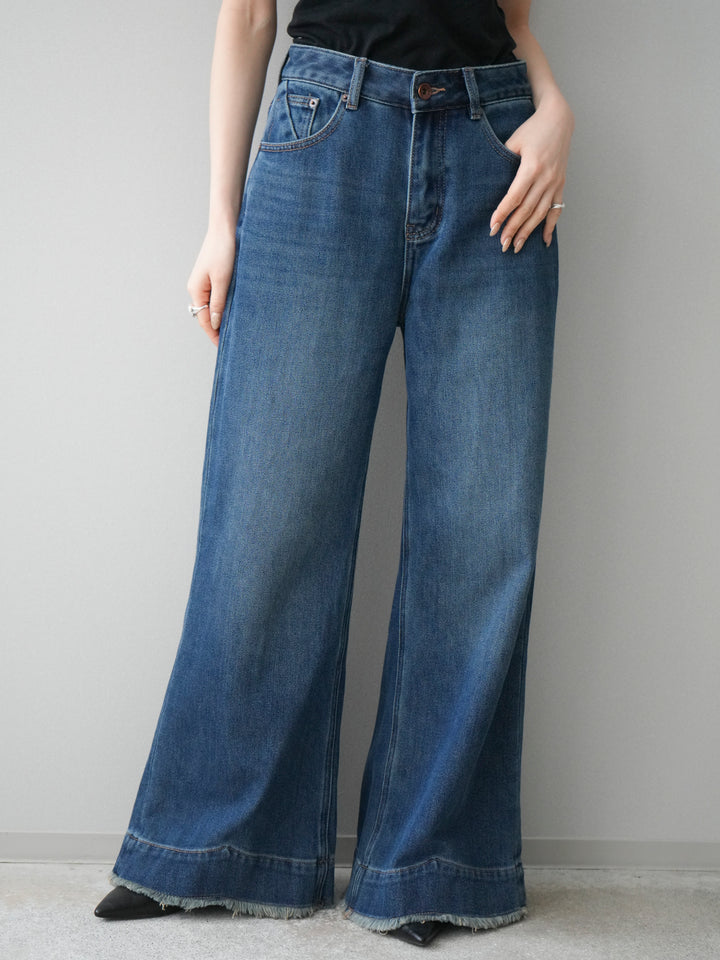 [予約]裏起毛裾フリンジワイドデニムパンツ/darkblue