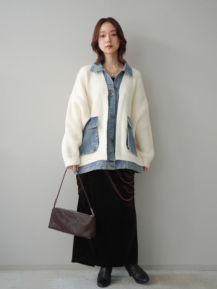 [SET]デニムドッキングオーバーニットジャケット+ギャザーベロアスカート(2set)