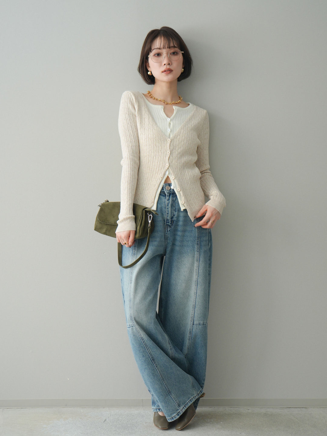 [予約]バイカラーレイヤードニットカーディガン/white