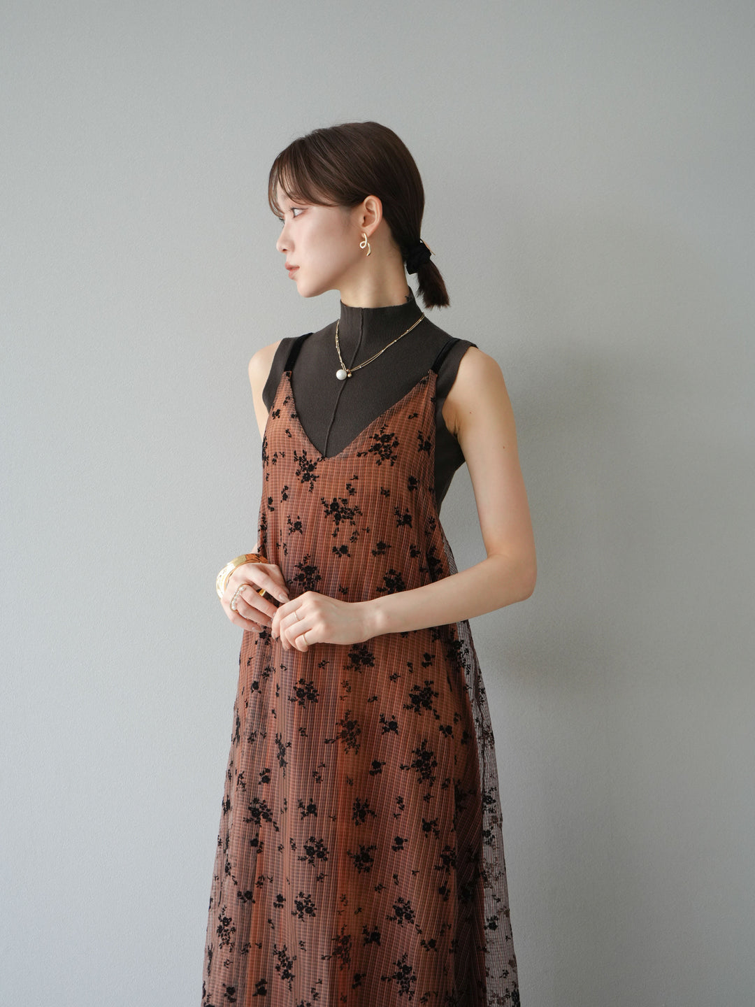 [予約]フロッキーチュールレイヤードベロアキャミワンピース/オレンジ