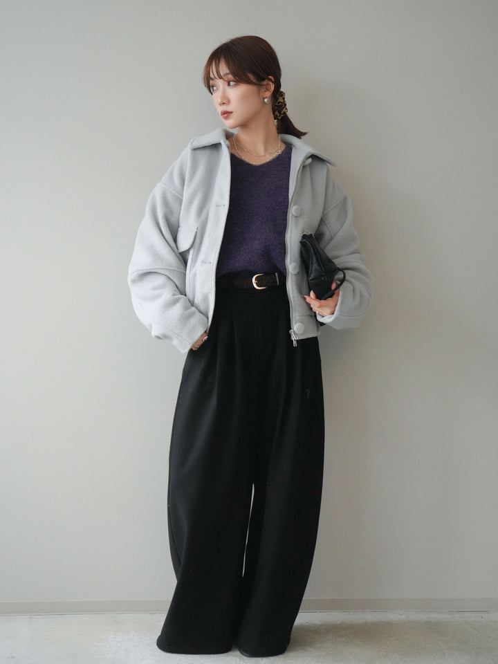 [SET]ウールライクフライトジャケット+シュシュ付きアンゴラタッチVネックニットプルオーバー+アニマル柄ベルト付きウールタッチワイドパンツ(3set)