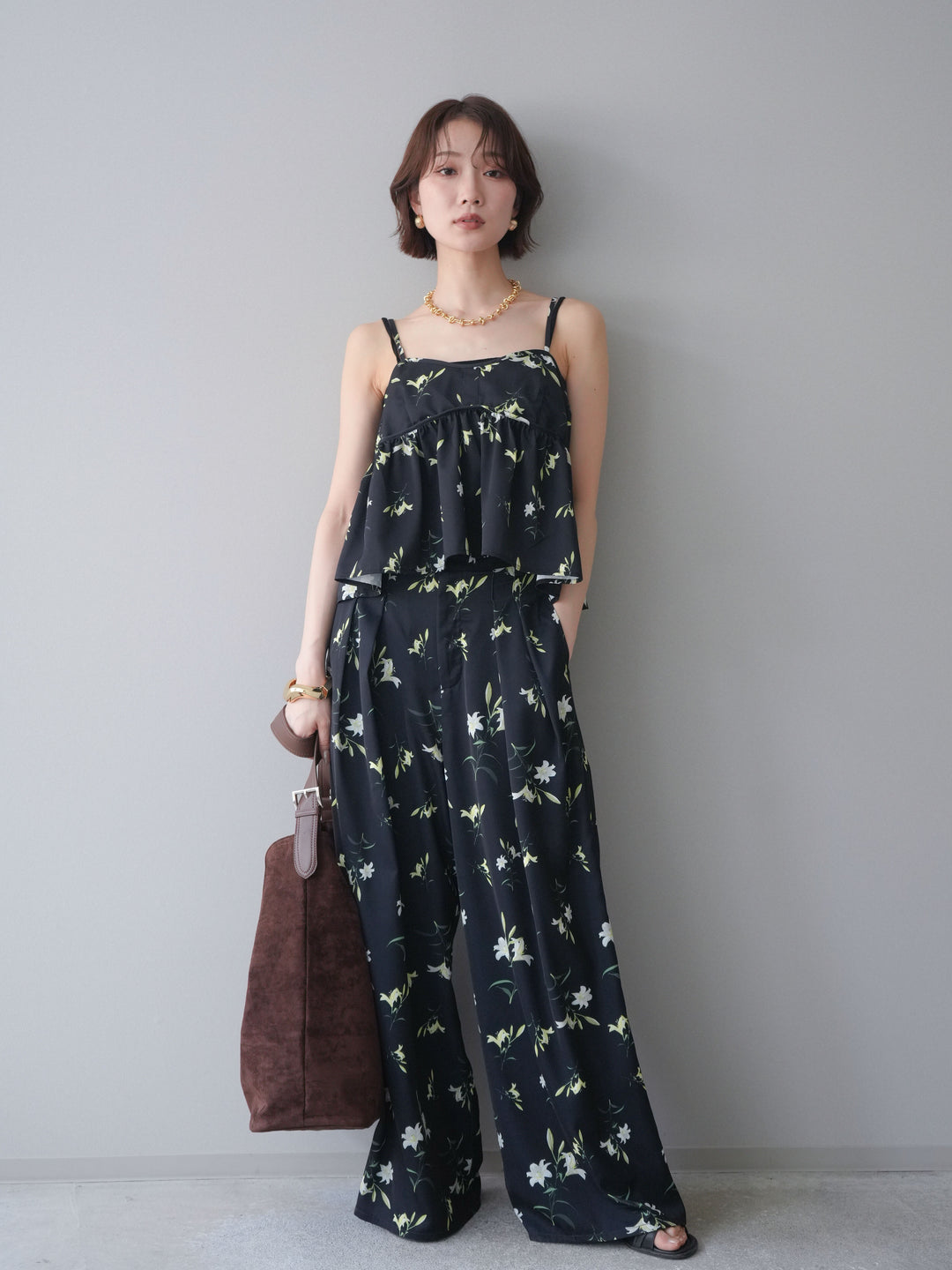 [SET]フラワープリントキャミソール+フラワープリントタックパンツ(2set)