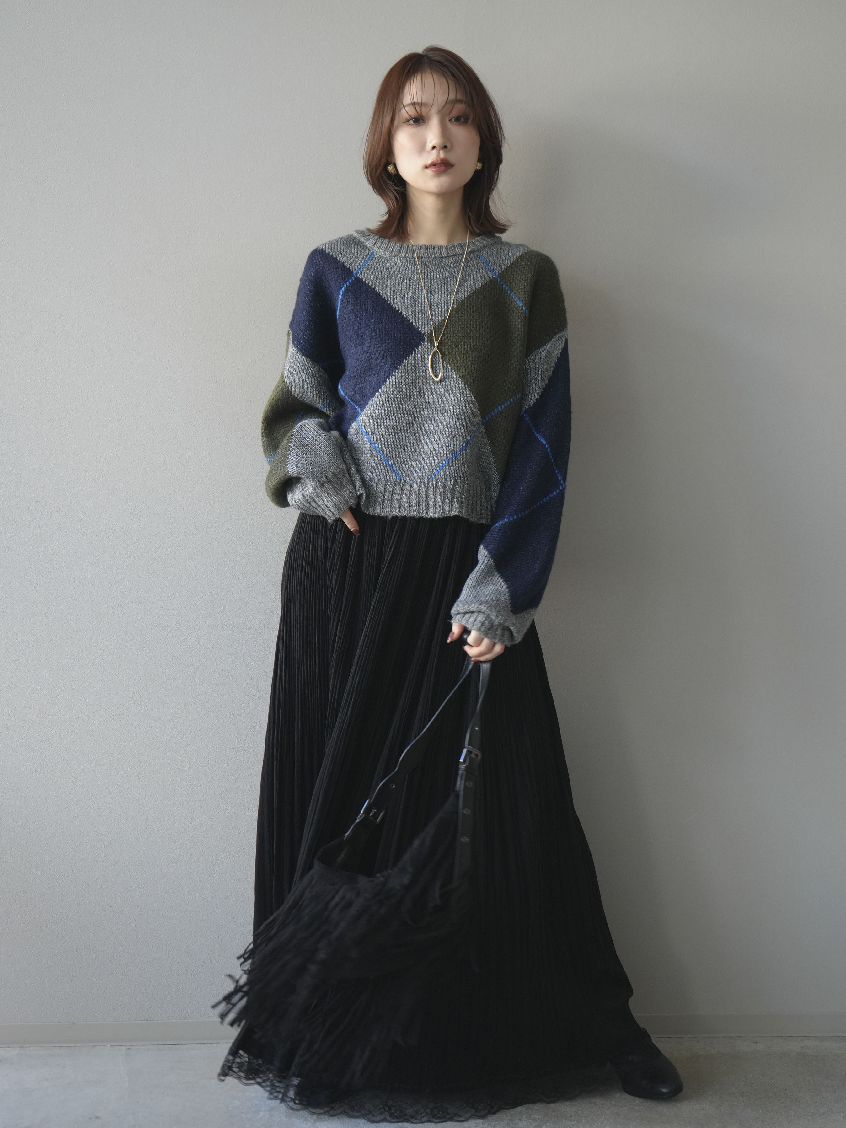 SET]配色ステッチアーガイル柄ニットプルオーバー+裾レーススウェード